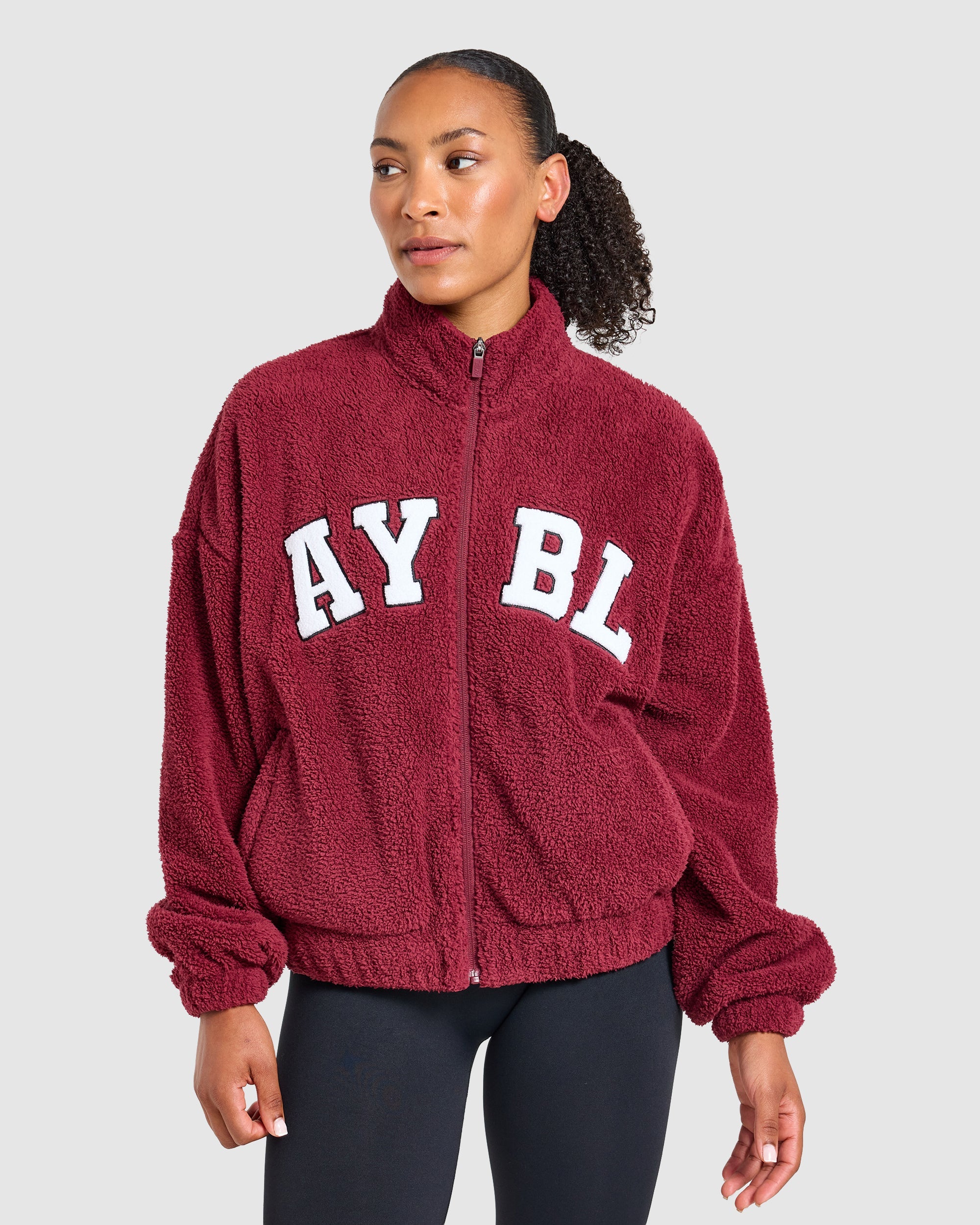 Varsity Oversized Fleece Zip Up Jacket - Mahogany Red