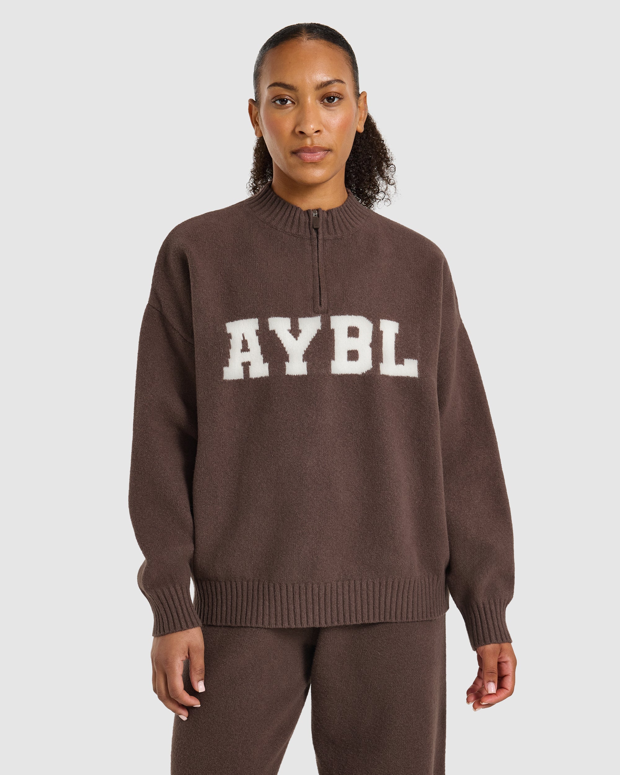 Varsity Oversized Knitted 1/4 Zip Pullover - Brown
