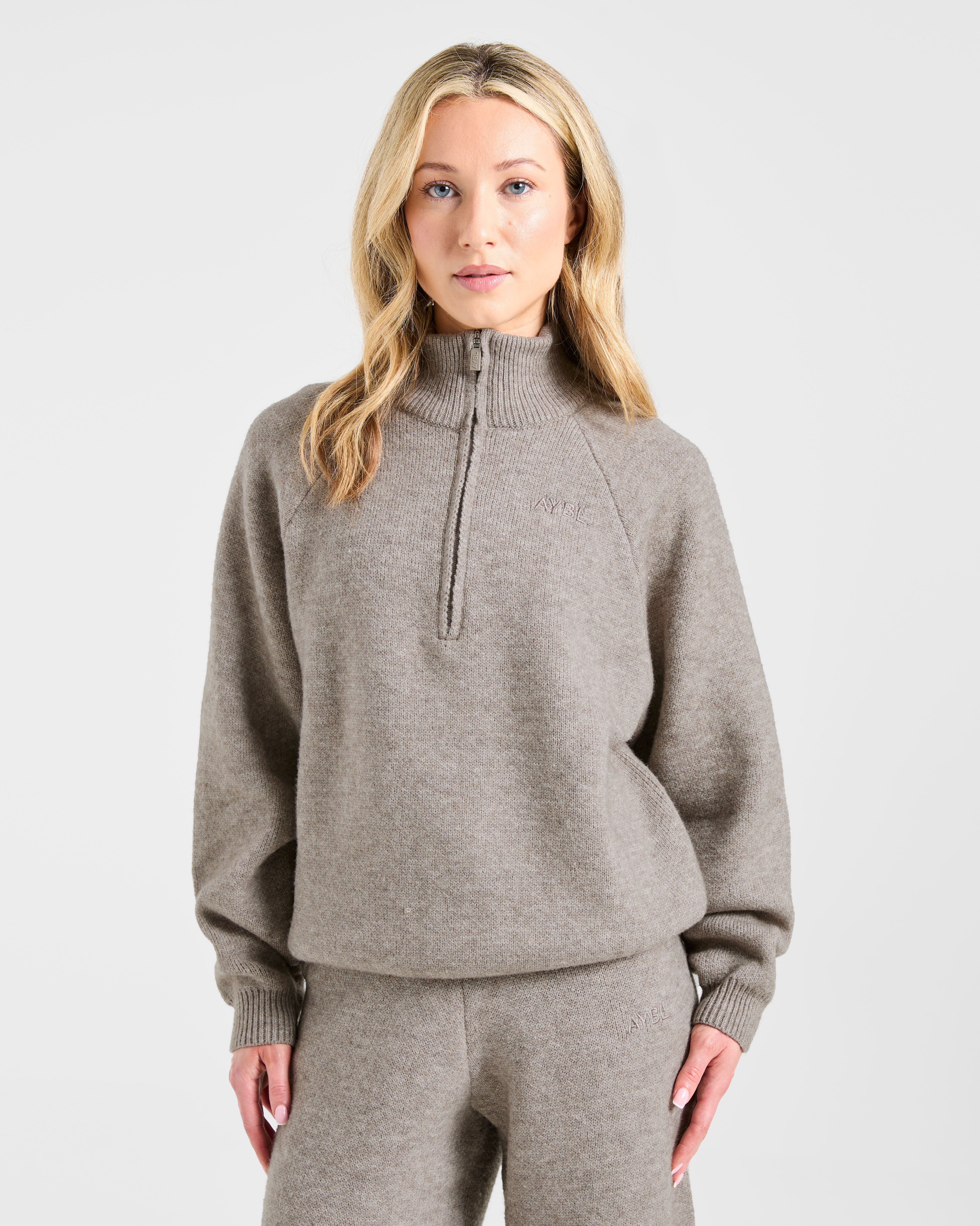 Soft Oversized Knitted 1/4 Zip - Brown Marl