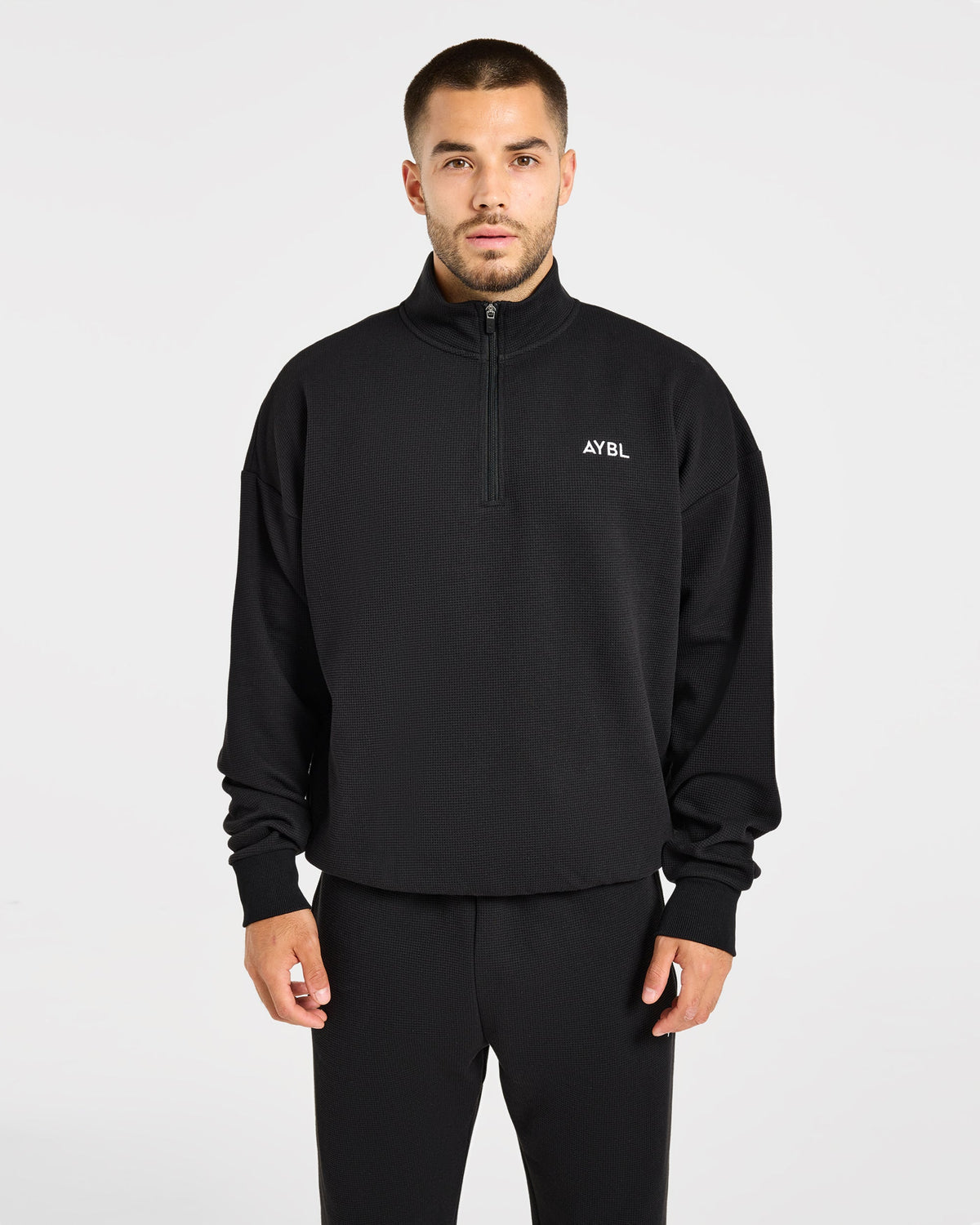 Waffle Oversized 1/4 Zip Pullover - Black