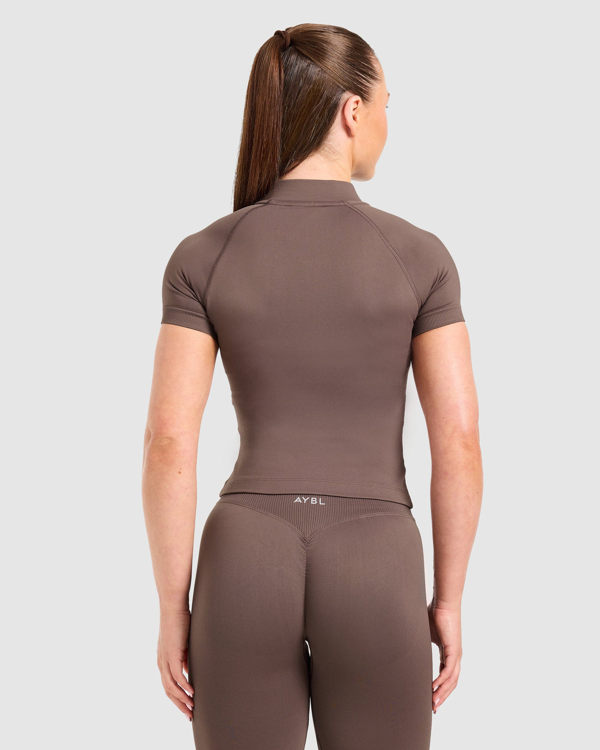 Enhance Seamless Short Sleeve Zip Up Jacket - Brown