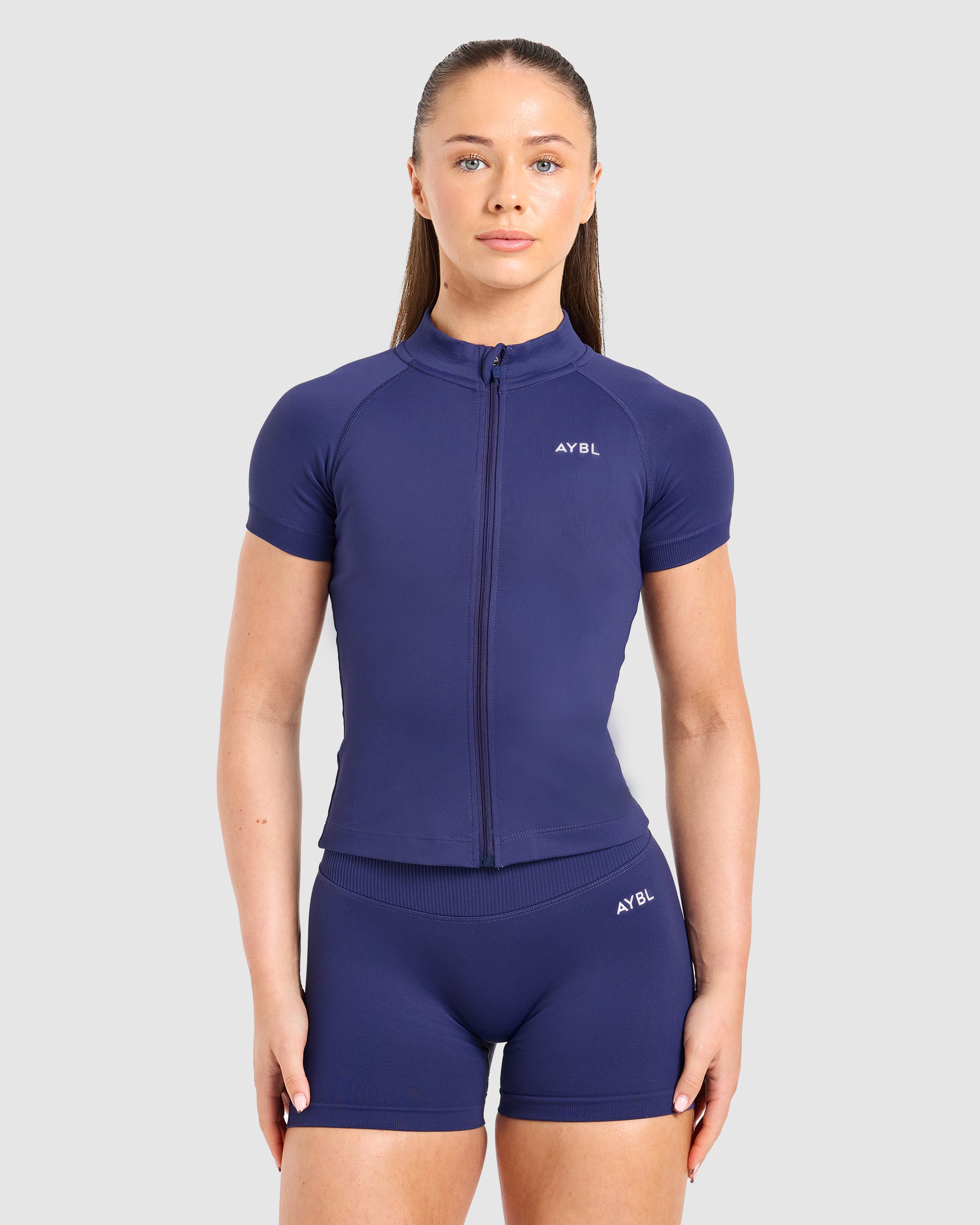  ネイビー サイクルウェア women small Enhance Seamless Short Sleeve Zip Up Jacket - Storm Blue