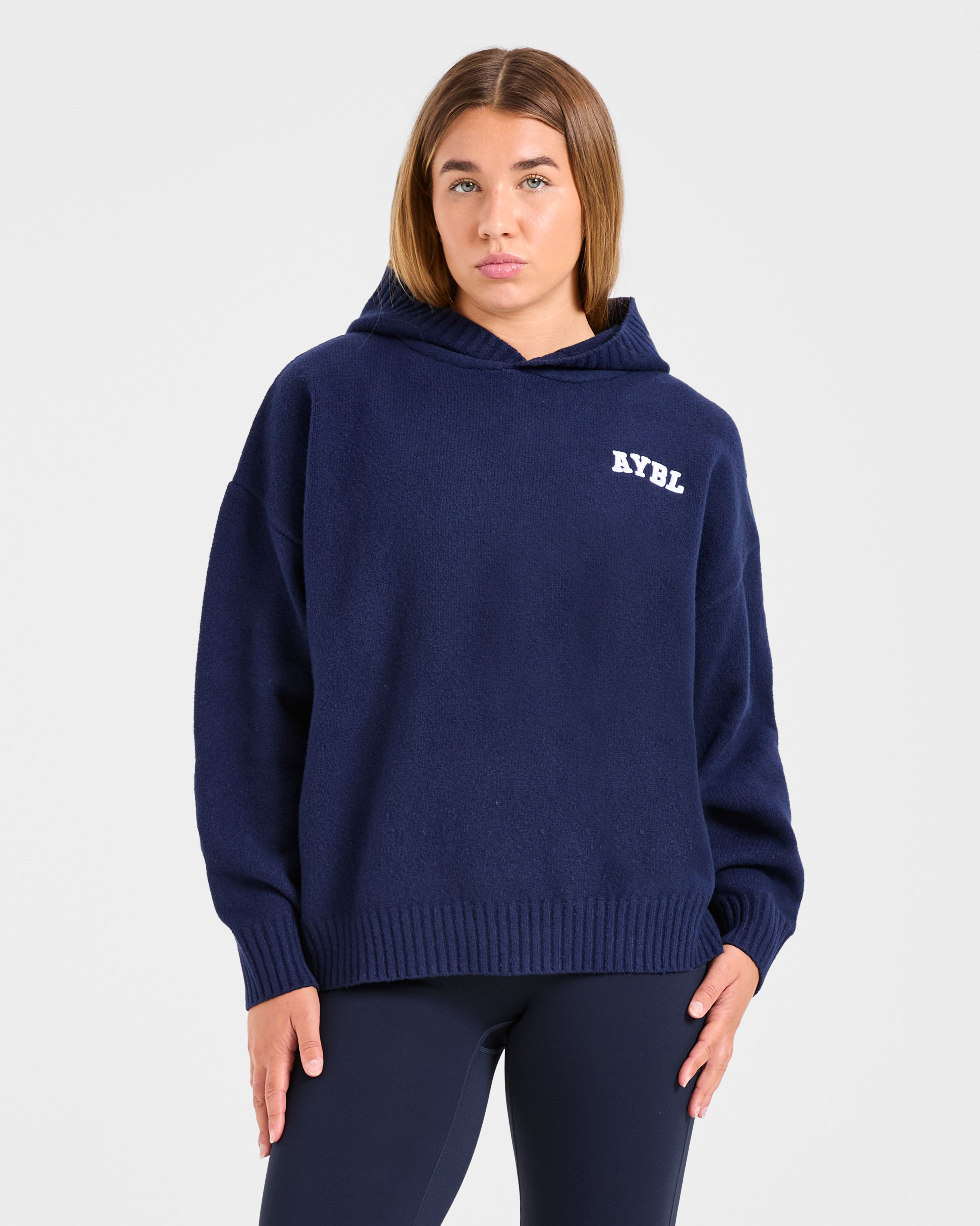 Varsity Minimal Logo Oversized Knitted Hoodie - Cream