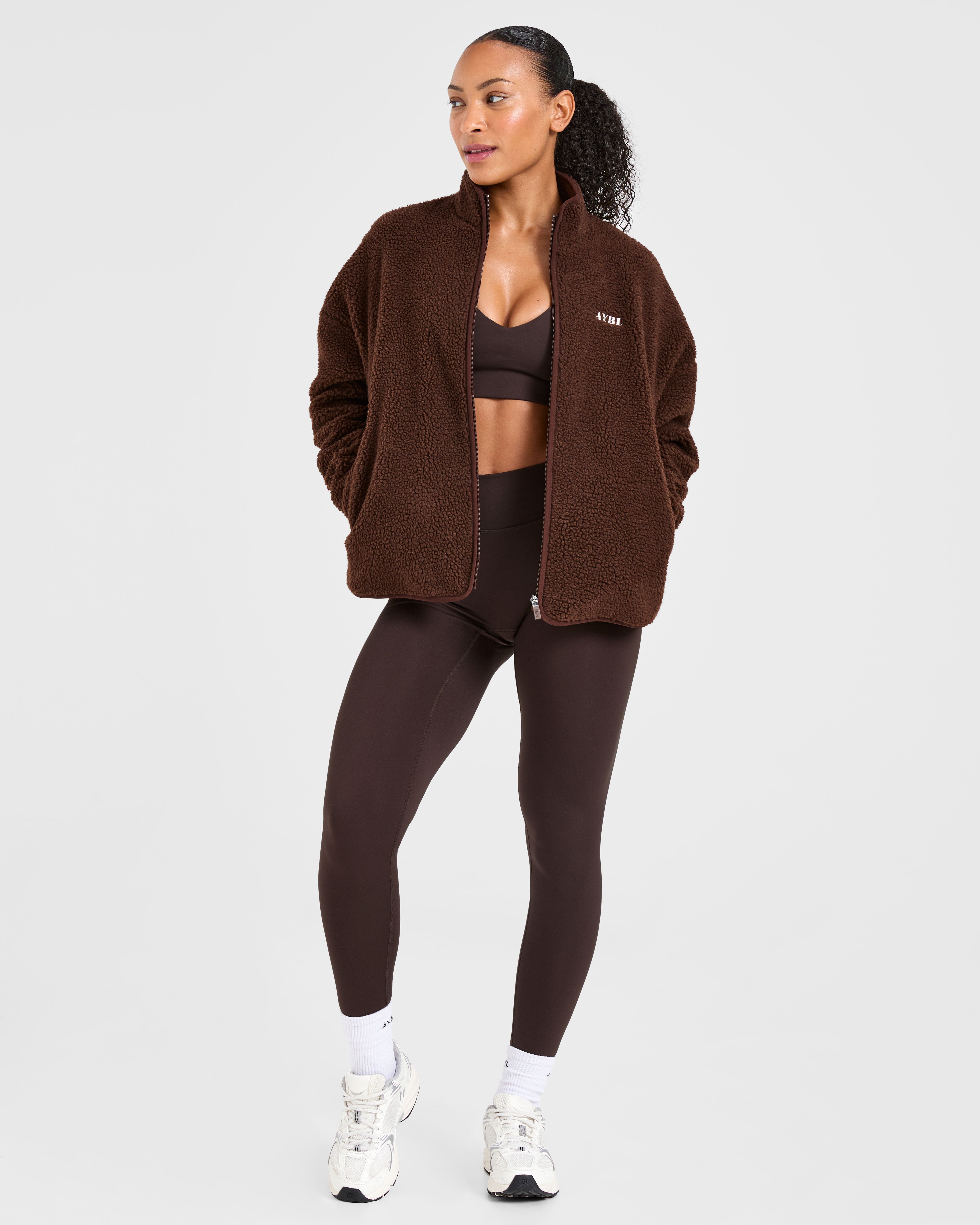 Oversized Zip Up Fleece Jacket - Brown