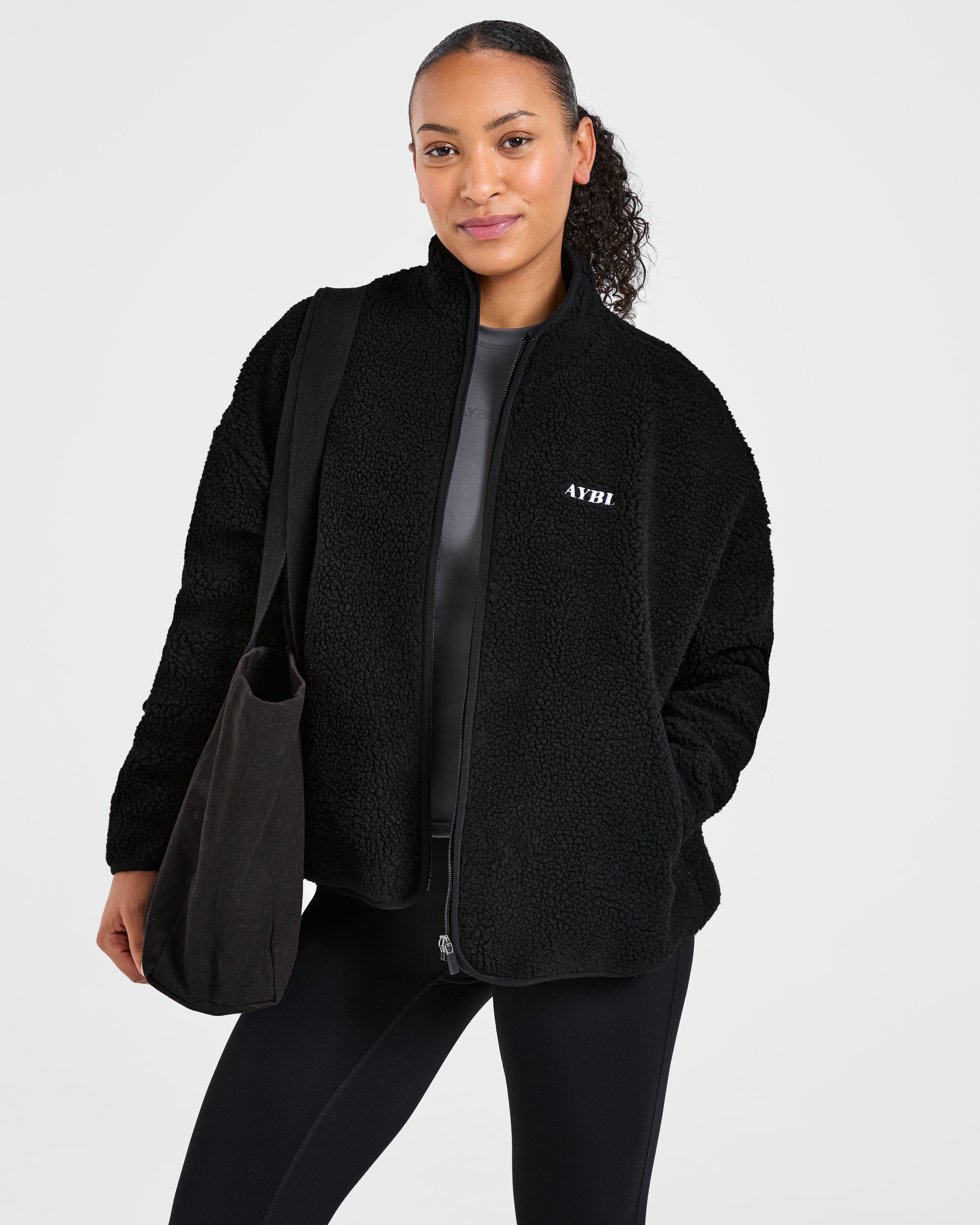 Oversized Zip Up Fleece Jacket - Black