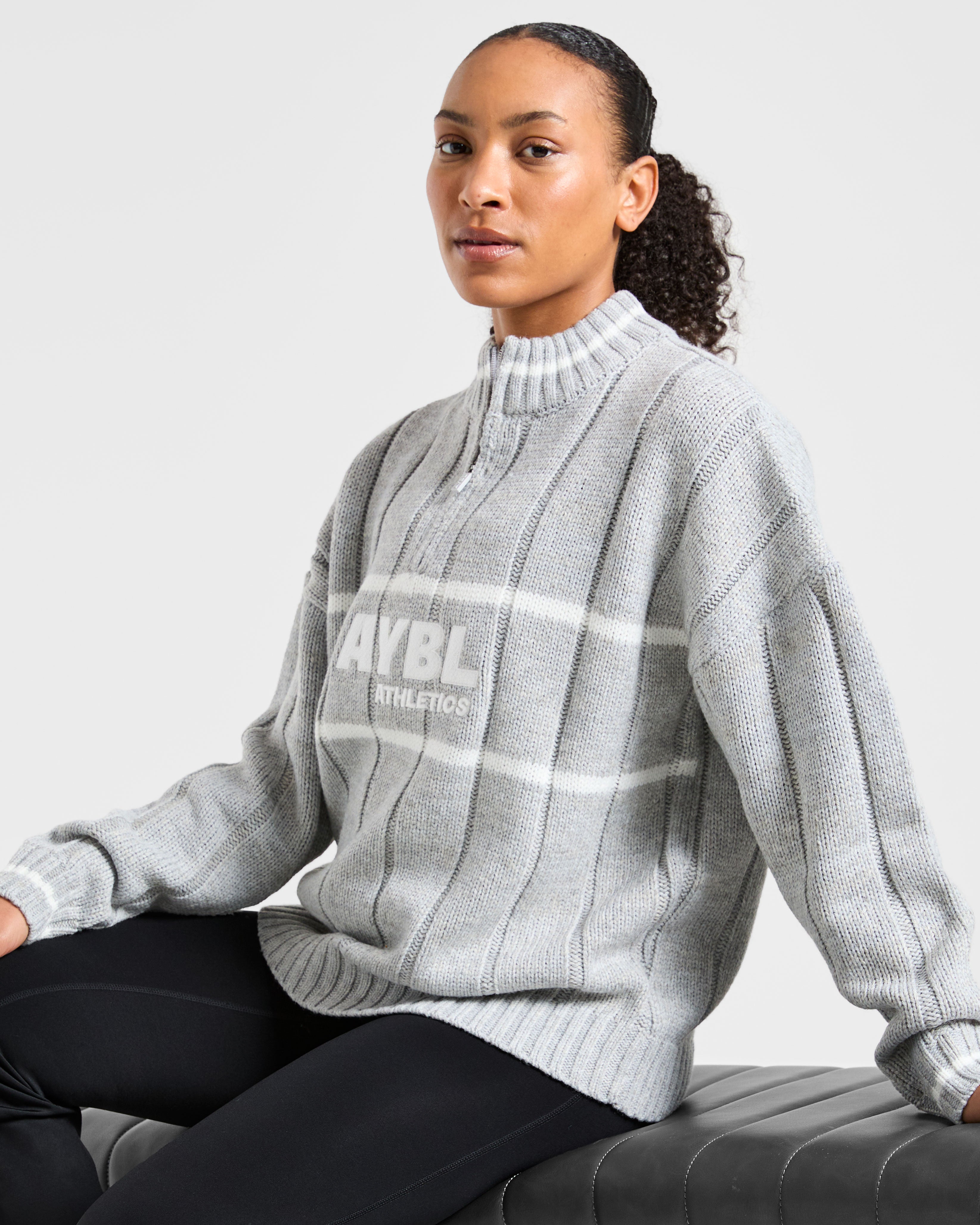 Athletics Oversized Knitted 1/4 Zip - Grey Marl