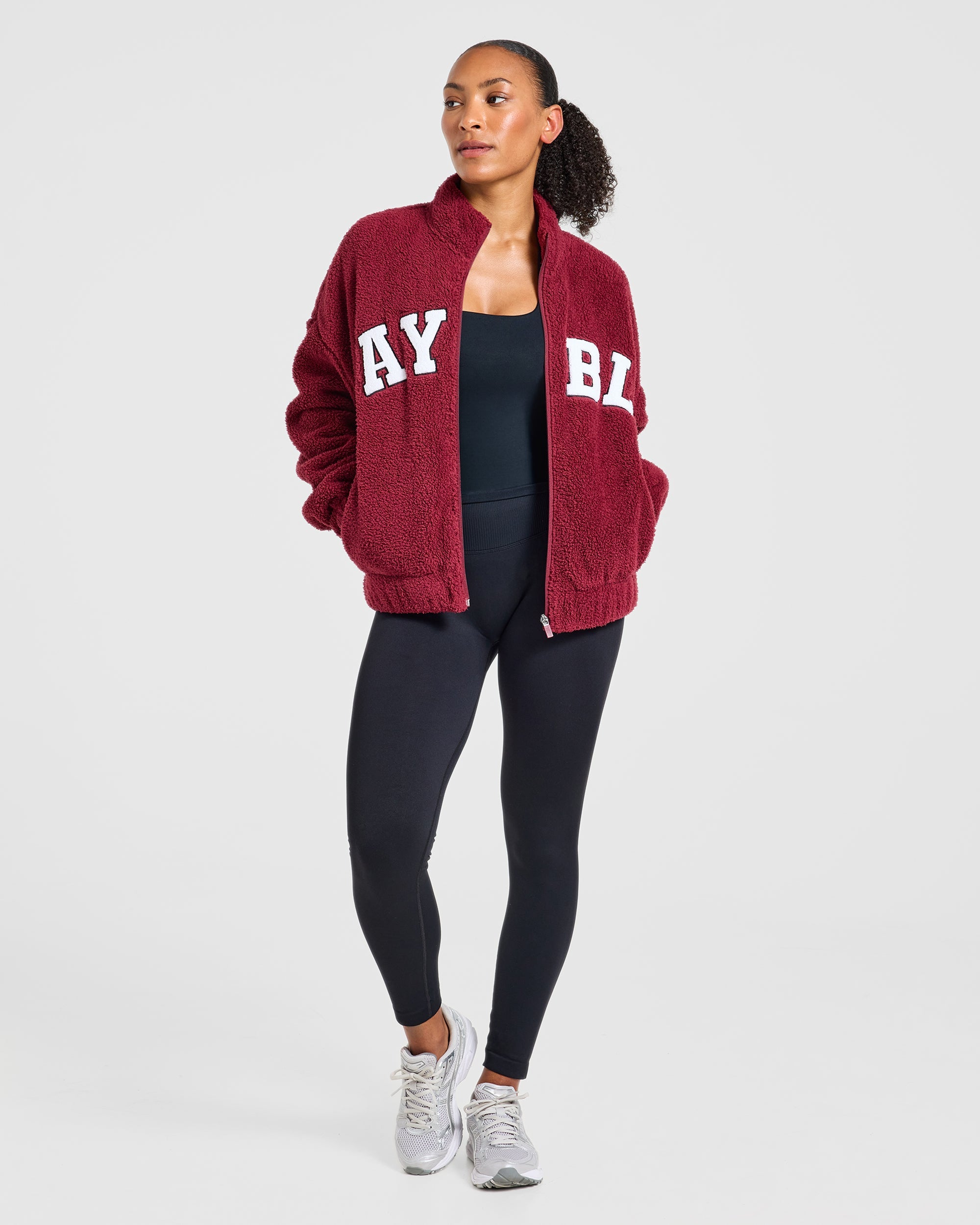 Varsity Oversized Fleece Zip Up Jacket - Mahogany Red