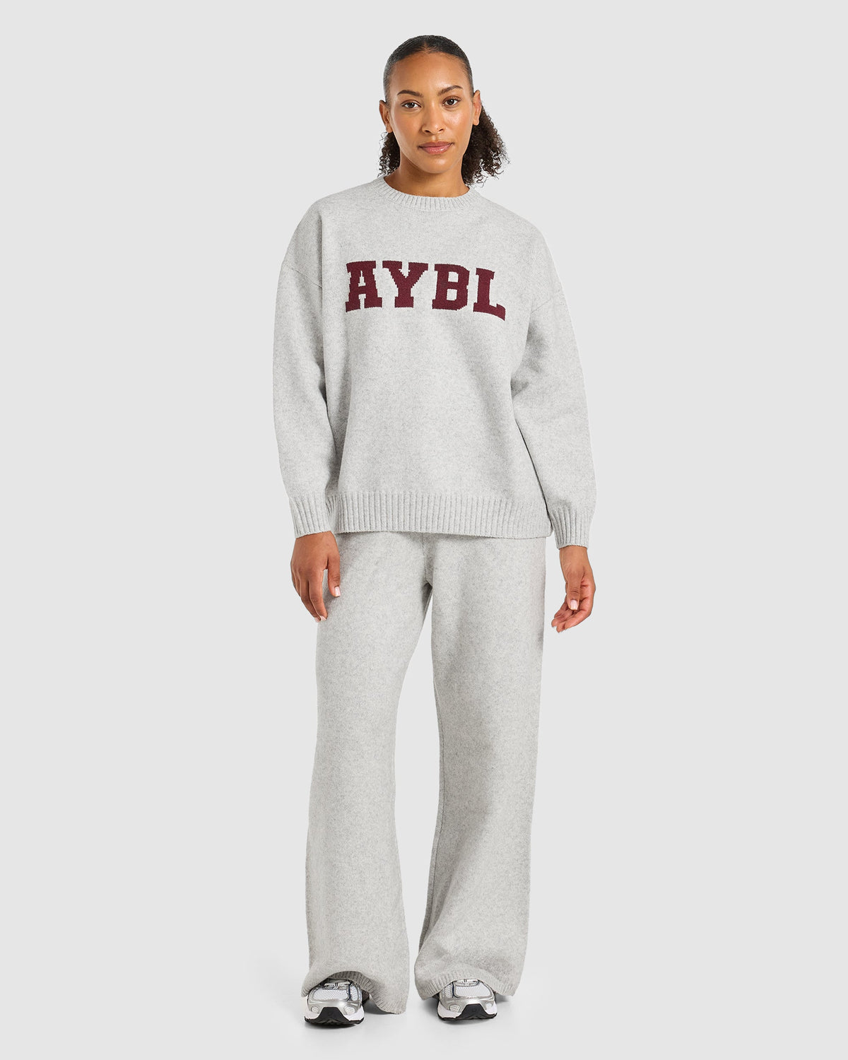 Varsity Oversized Knitted Joggers - Grey Marl/Burgundy