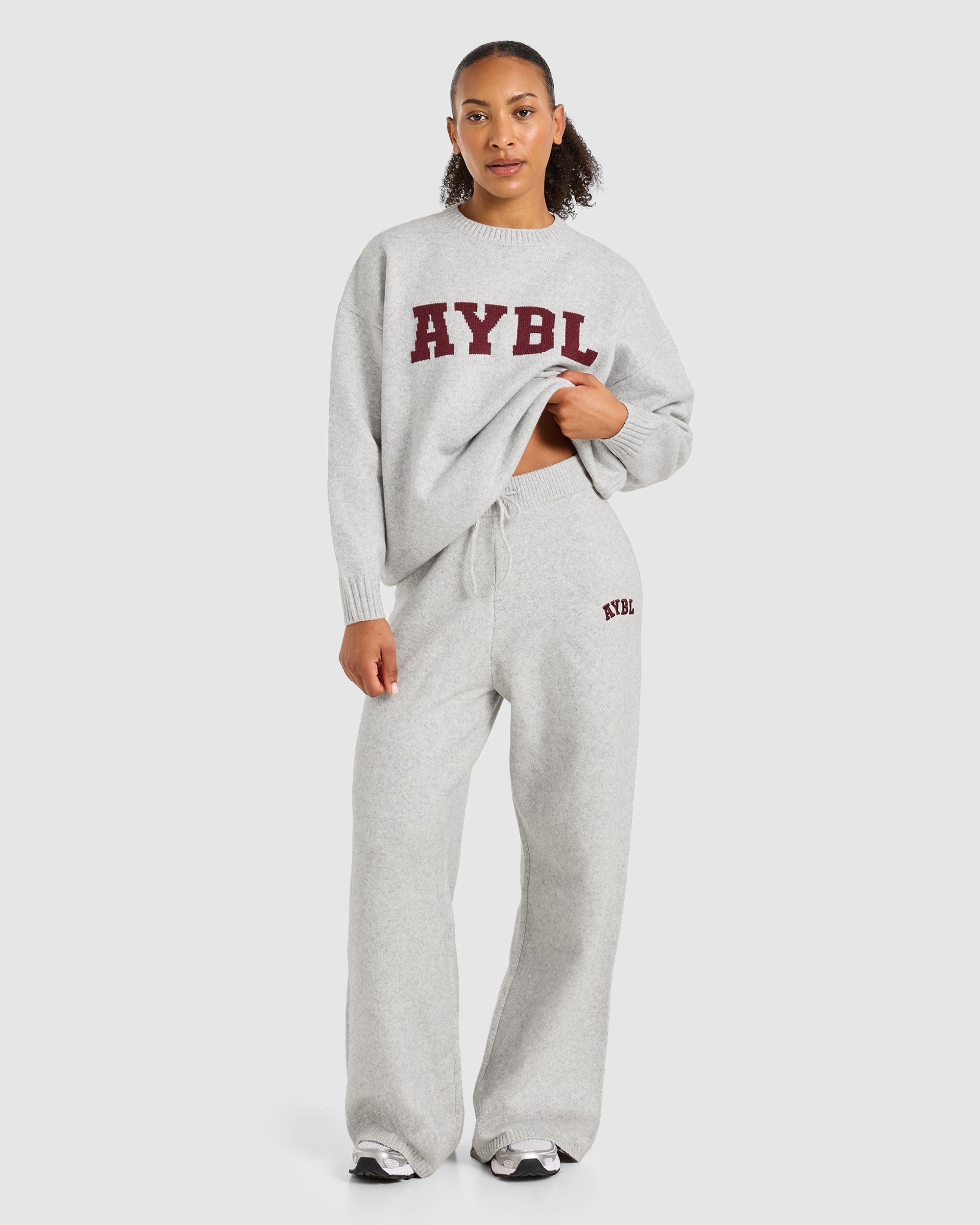 Varsity Oversized Knitted Joggers - Grey Marl/Burgundy