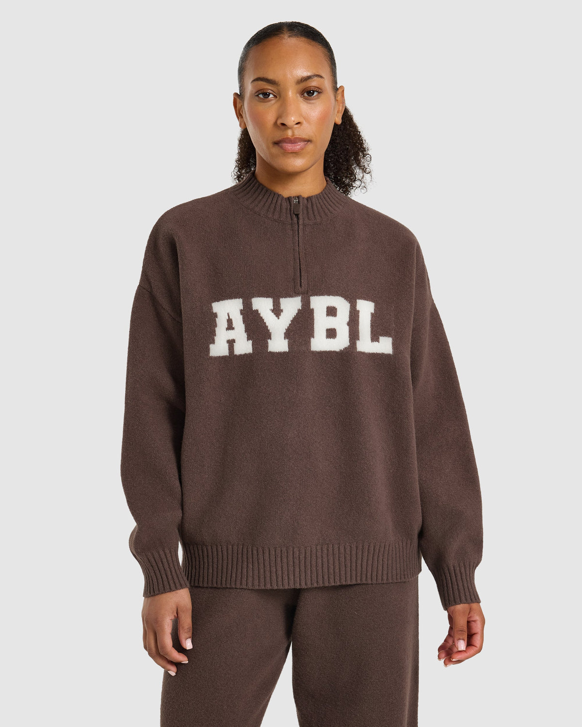 Varsity Oversized Knitted 1/4 Zip Pullover - Brown