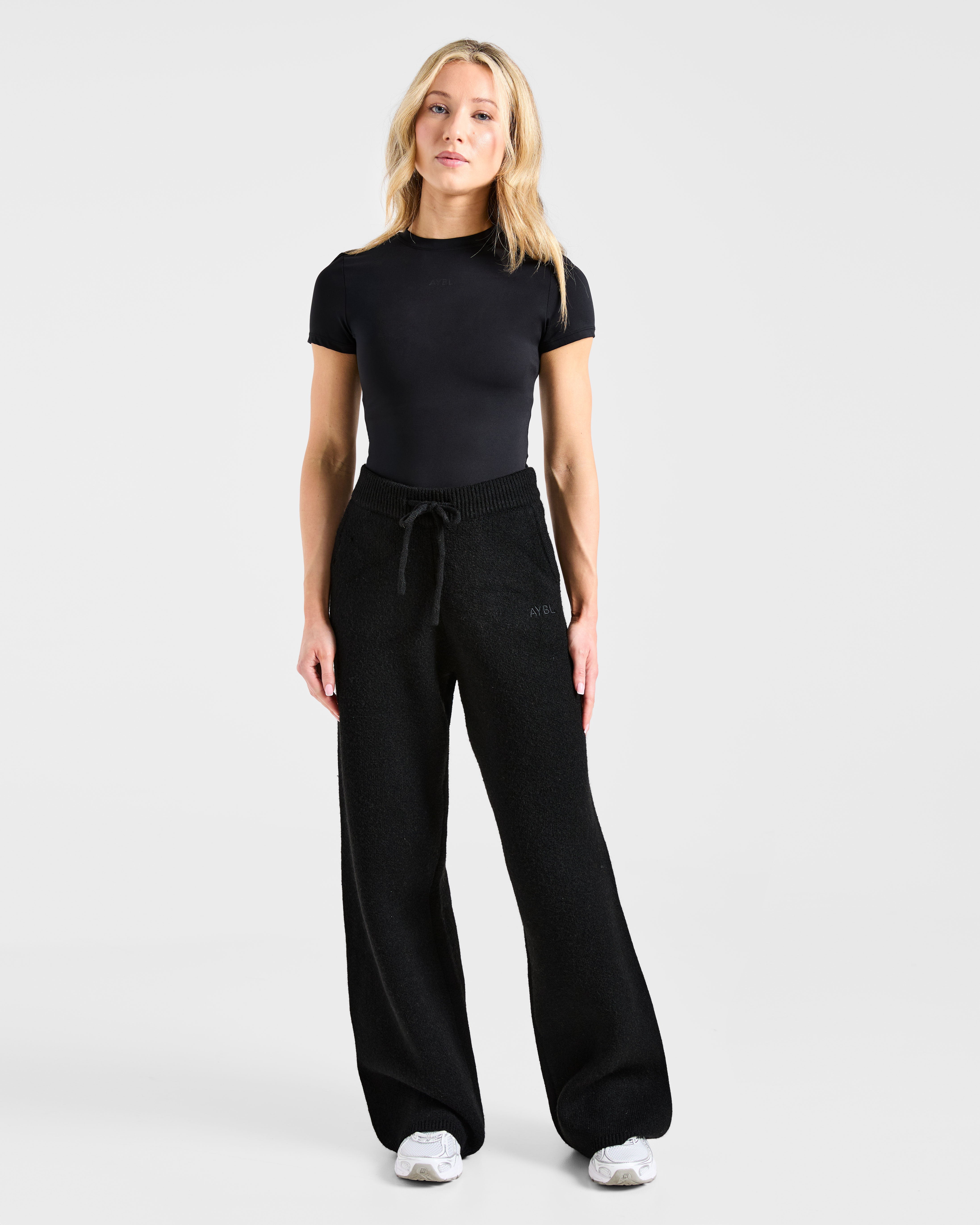 Soft Oversized Knitted Straight Leg Joggers - Black