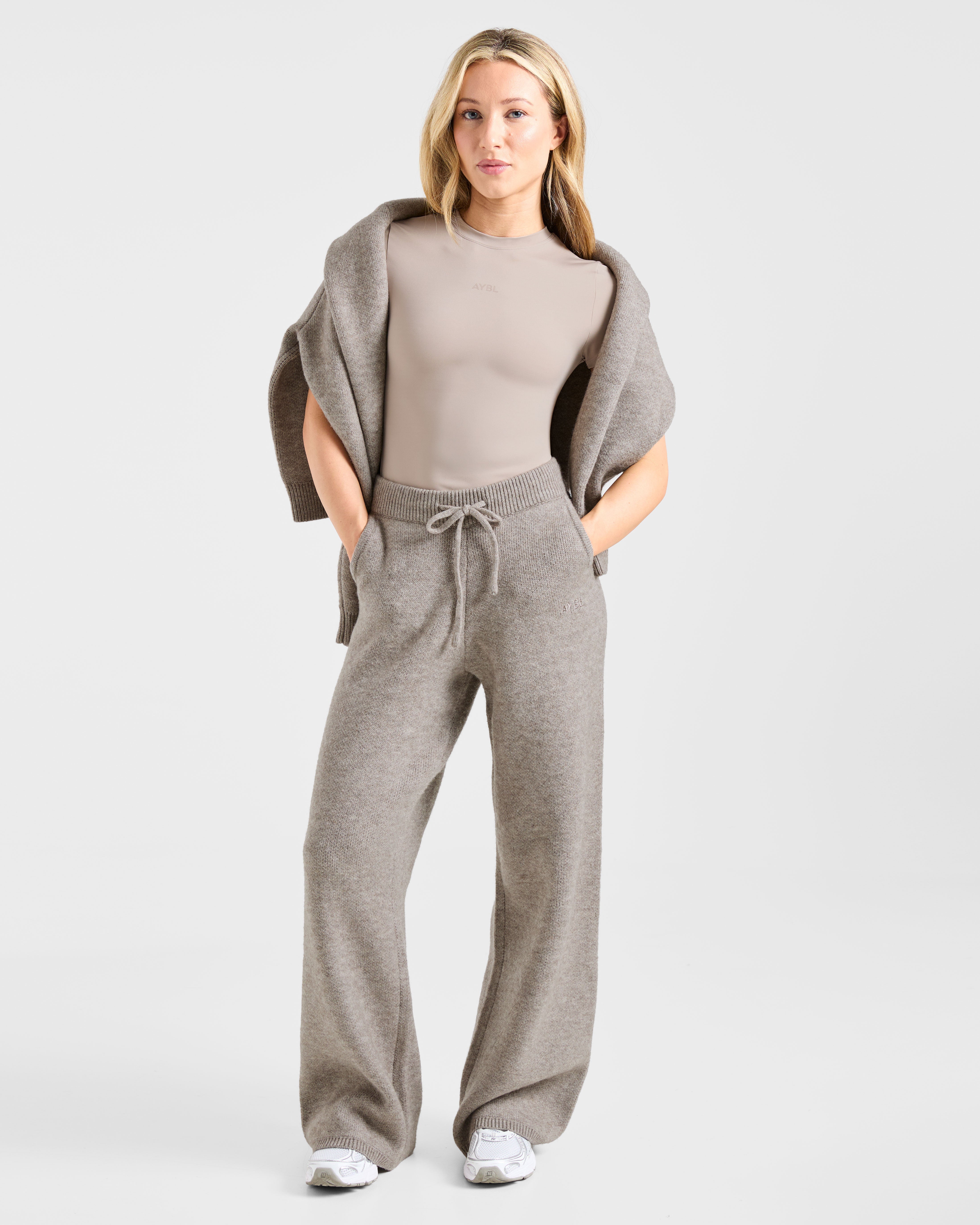 Soft Oversized Knitted Straight Leg Joggers - Brown Marl