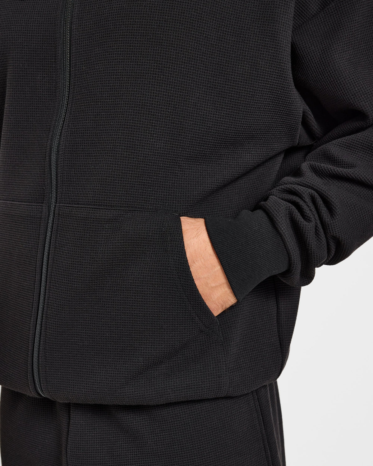 Waffle Oversized Full Zip Hoodie - Black