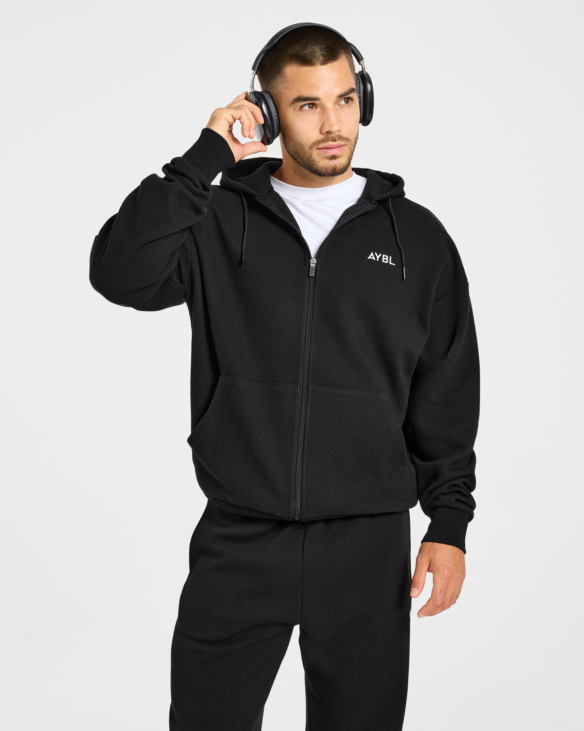 Waffle Oversized Full Zip Hoodie - Black
