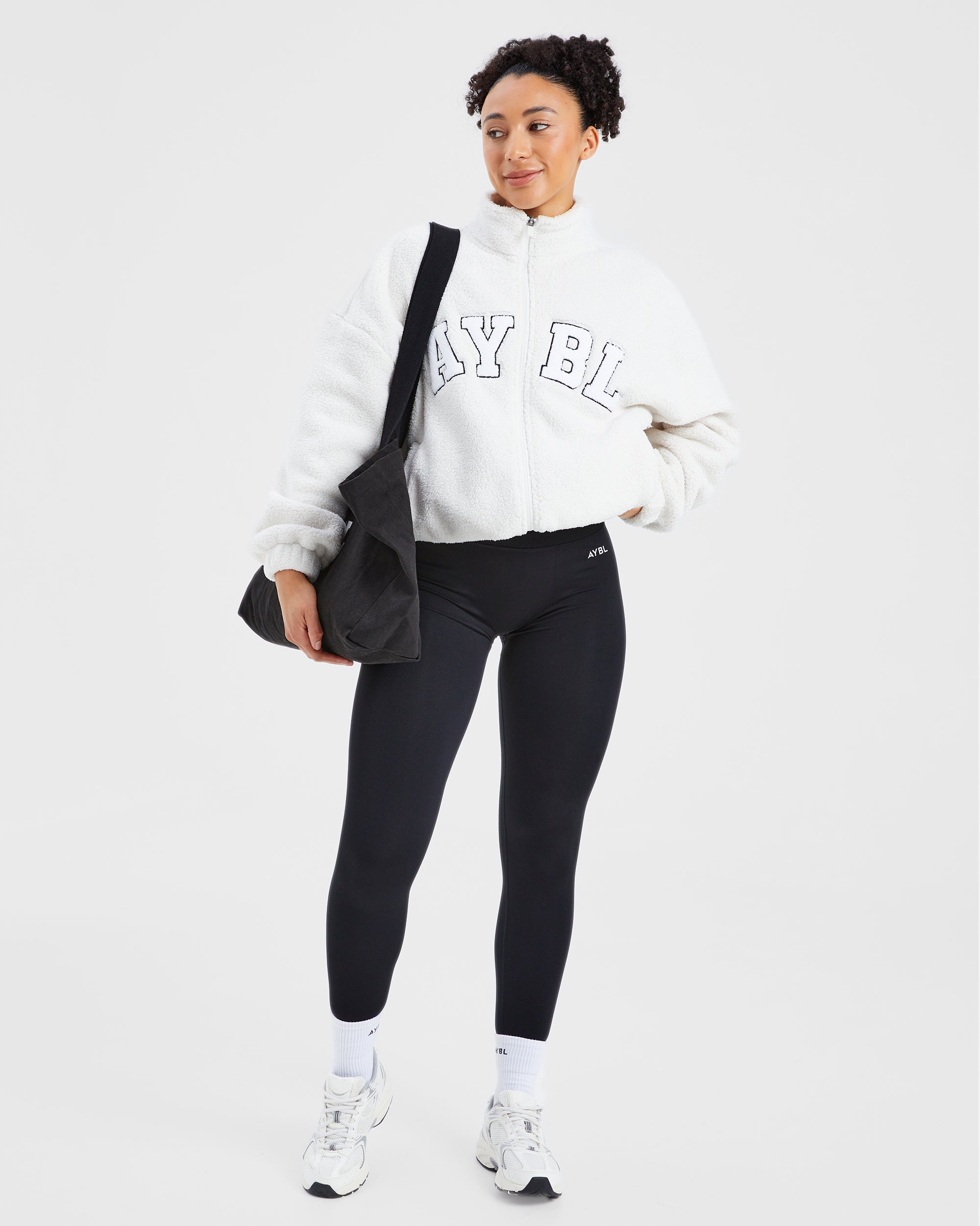 Varsity Oversized Fleece Zip Up Jacket - Cream/White