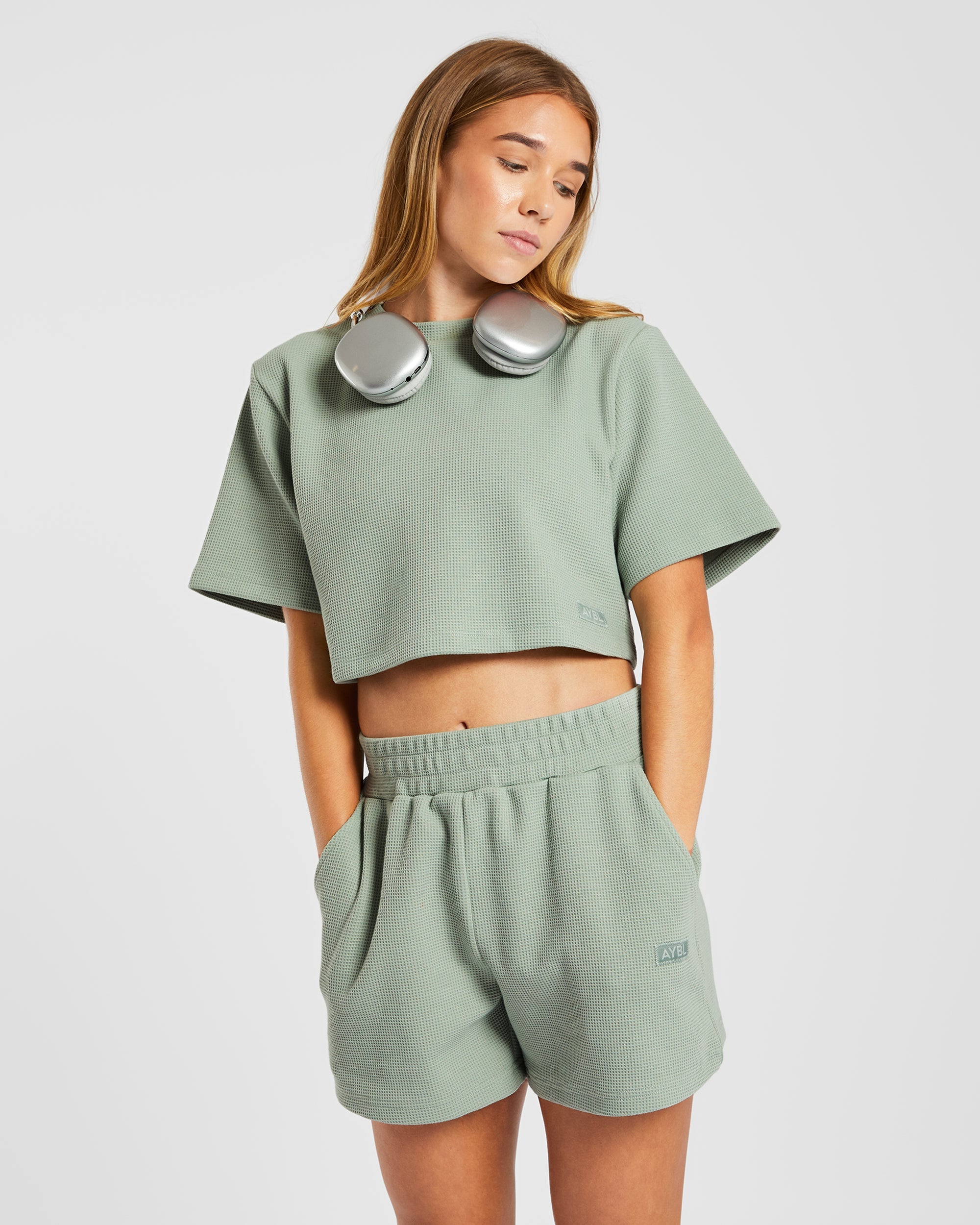 Waffle Boxy Crop Top - Sage Green